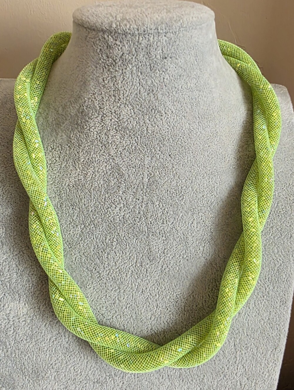 Neon Lime Green Crystal Mesh Tube Twisted Statement Necklace